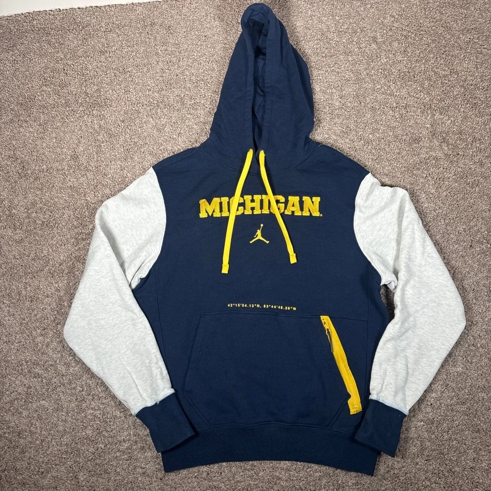 Jordan Mens Michigan Wolverines Hoodie Navy Gray Colorblock CN1583-419 Size S